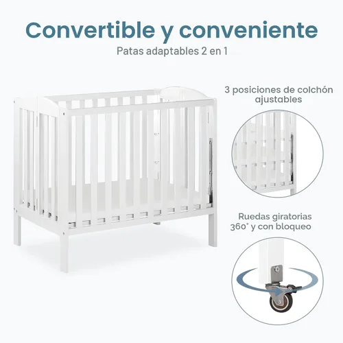 Vista 6 de Dream On Me Cuna lateral estacionaria plegable 3 en 1 en blanco, certificado Greenguard Gold, mini cuna