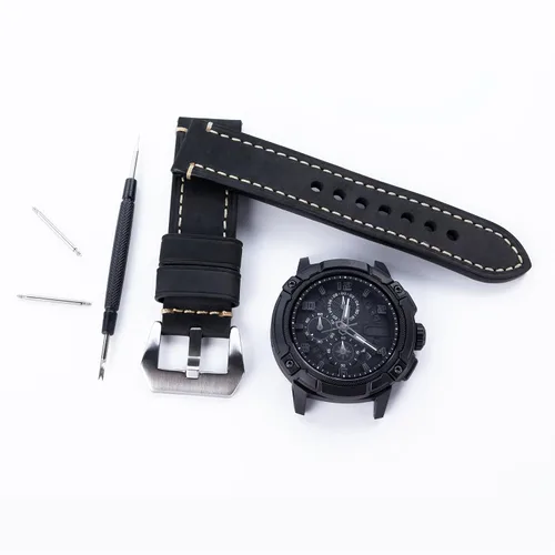 Vista 6 de Correa de reloj de pulsera de cuero genuino negro de 0.945 in para hombres con hebilla de acero inoxidable