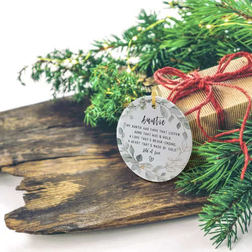 Vista 4 de Adorno de Navidad para tía 2026, recuerdo redondo de cerámica, para colgar en árboles de Navidad, refrigeradores o ventanas, incluye caja de regalo