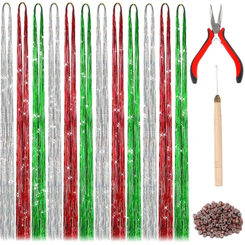 Vista 9 de FEBSNOW Tinsel Hair Extension, 47 Inch Glitter Rainbow Strands with Tool Multi 12 colores-1