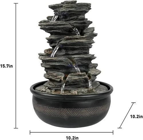 Vista 8 de Fuente de agua de mesa xpiyaer de 39.9 cm de alto con cascada de roca y luces LED - Fuente de cascada de relajación de interior de 5 niveles