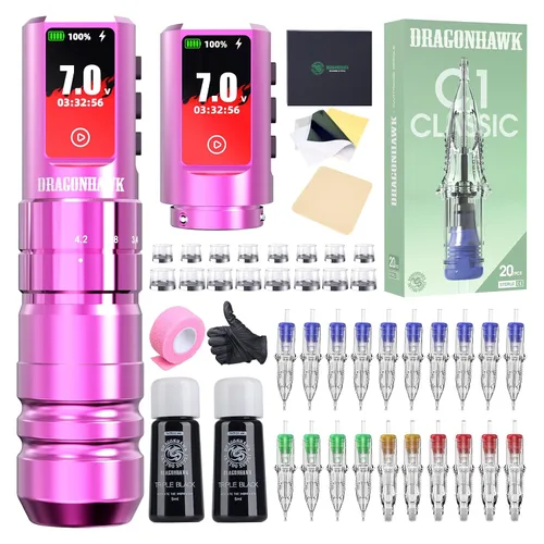 Vista 10 de Dragonhawk Kit de tatuaje inalámbrico A3 Pro, máquina de bolígrafo de 7 Rojo rosa