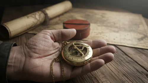 Vista 5 de Hermosa brújula de reloj de sol de latón con caja de cuero marrón y cadena Brújula abierta Camping Senderismo Steampunk Acabado de latón