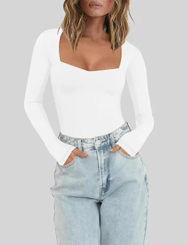 Vista 2 de Chunpin Body sexy de manga larga con cuello cuadrado para mujer, con doble forro, tanga