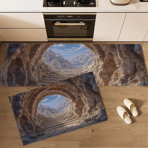 Vista 4 de Kitchen Mats for Floor 2 Piece Set 3D Rock Cave Non Slip Kitchen Rugs Washable Retro Architecture Floor Mats Brown Area Rug Runner for Hallway