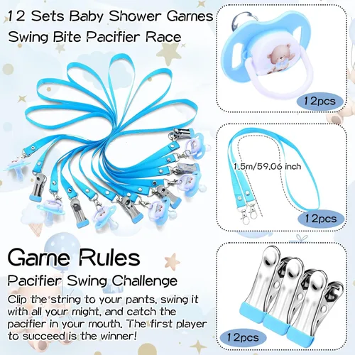 Vista 3 de Geelin Juego de 12 juegos de chupete con columpio para baby shower, juegos divertidos de revelación de género, incluye 1 letrero de madera y 12