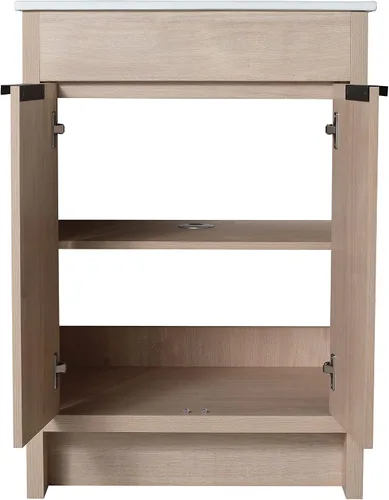 Vista 7 de Juego de tocador de baño independiente con lavabo, armario de almacenamiento moderno de 24 pulgadas con fregadero de cerámica blanca, gabinete