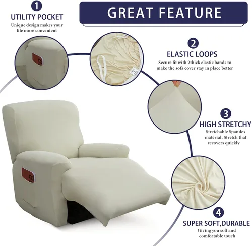 Vista 2 de Iauddy - Funda elástica para sillón reclinable de 4 piezas, protector de muebles suave y ajustado para sillón reclinable con bolsillo, funda