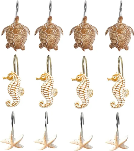 Vista 6 de YUKUNTANG Seashell - Ganchos para cortina de ducha, 12 piezas de anillos de cortina de ducha de resina decorativa antioxidante para baño, Concha