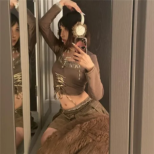 Vista 3 de Fairy Grunge Clothes Y2k Tops cortos de manga larga para mujer, ropa estética de ballet sexy