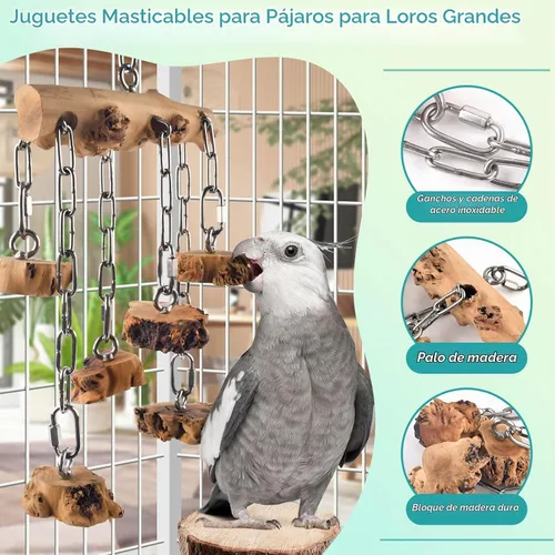 Vista 3 de DBNESS Juguetes para pájaros para loros, bloques de madera dura de madera duradera con acero inoxidable para colgar, juguete masticable natural