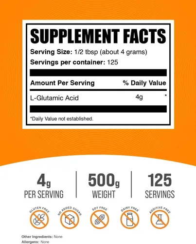 Vista 2 de BulkSupplements. com Polvo de ácido L-glutámico - Suplemento de glutamato, suplemento de aminoácidos - Sin sabor y sin gluten, 0.14 oz por porción