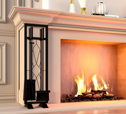 Vista 2 de Fire Beauty Juego de herramientas para chimenea, 5 piezas, accesorios de chimenea, kit de fuego con soporte, herramientas para estufas de leña