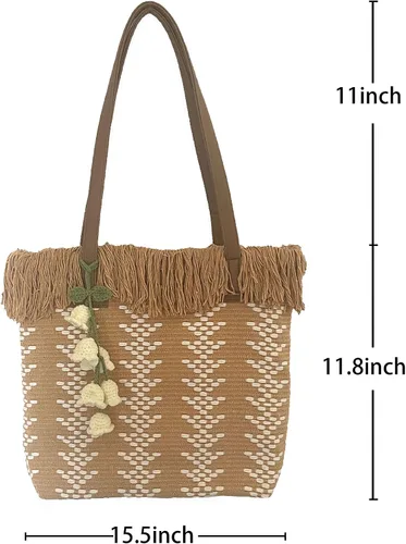 Vista 4 de Bolsa de paja para mujer, bolsas de playa hechas a mano, bolso de hombro suave con Azipper, Caqui