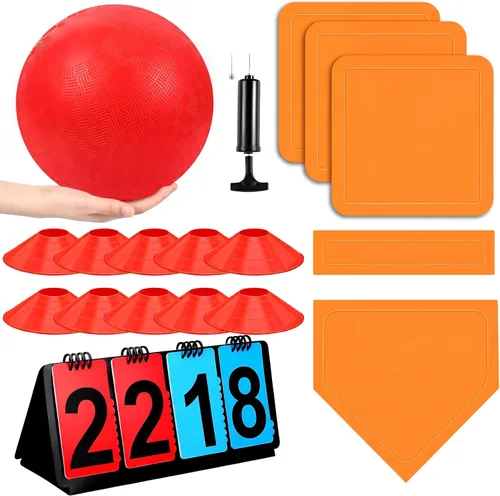 Vista 8 de Jenaai Juego de Kickball Deportivo de 18 Piezas Incluye Pelota de Patio de Juegos 5 Bases de Goma Plegables Bomba de Pelota Marcador Bolsa de Red 10