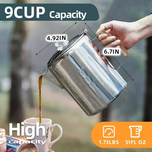 Vista 6 de MEREZA Cafetera de camping para estufa, cafetera, percolador, fogata, cafetera de acero inoxidable, cafetera para acampar al aire libre, hogar, 9