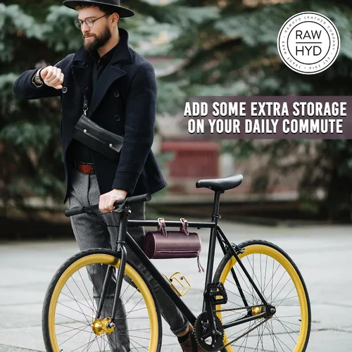 Vista 4 de RAW HYD Bolsa de manillar de cuero de grano completo para bicicletas y motocicletas – Bolsa de herramientas de bicicleta de estilo vintage