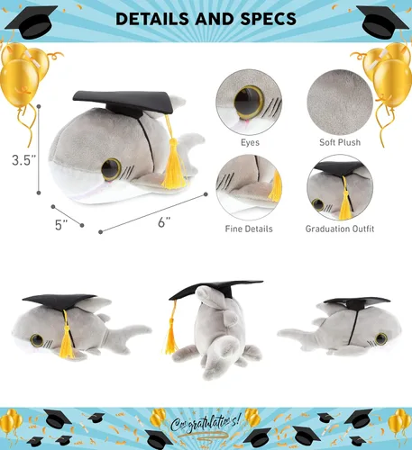 Vista 3 de DolliBu Big Eye Shark - Peluche de graduación de tiburón – Lindo juguete de peluche de regalo de graduación, peluche de tiburón de graduación
