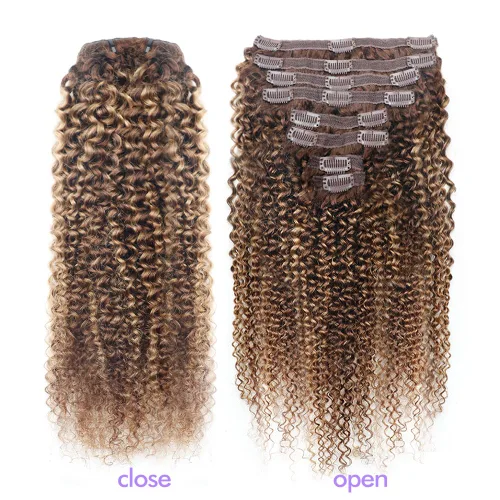 Vista 4 de Extensiones de cabello humano real rizado con clip, balayage, color marrón chocolate a rubio caramelo, 8 piezas con 18 clips, 4.23 oz/juego