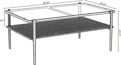 Vista 2 de Mesa de centro moderna rectangular con tapa de vidrio templado con estante de madera para el hogar, sala de estar, oficina, tienda o dormitorio