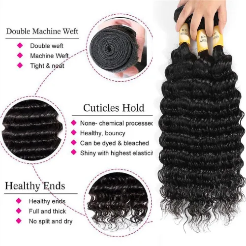 Vista 3 de Manojos de cabello humano ondulado profundo de 12, 14, 16 pulgadas, mechones de cabello humano rizado, tejido de cabello humano 100% sin procesar