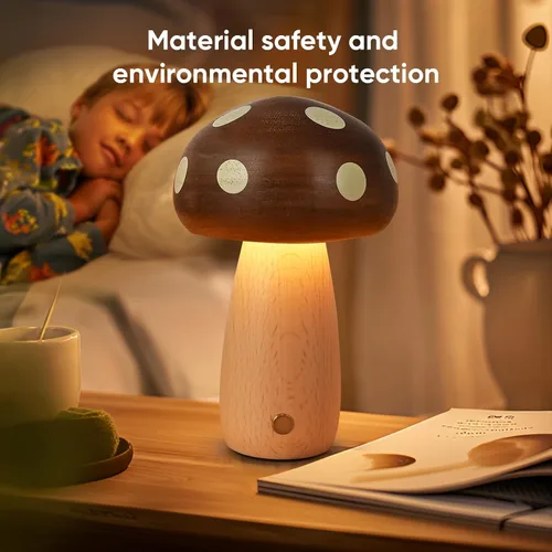 Vista 8 de LONRISWAY Paquete de 2 lámparas de mesa LED de madera con forma de hongo, lámparas pequeñas recargables inalámbricas táctiles, luz nocturna