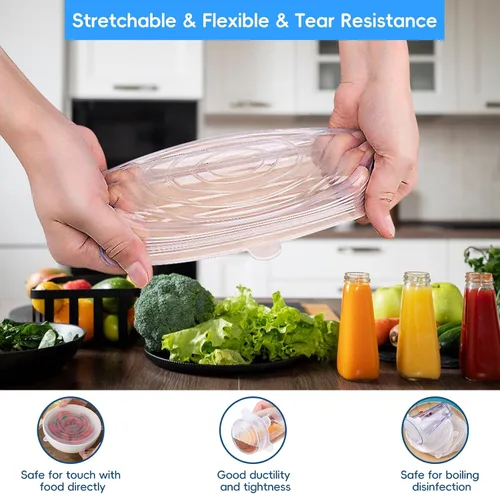 Vista 2 de 12 tapas elásticas de silicona para almacenamiento de alimentos, 6 especificaciones de cubierta de tazón de silicona reutilizable, adecuadas
