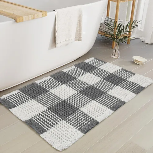 Vista 8 de Arenarug Tapete de baño de punto gofre a cuadros, súper absorbente, bohemio, antideslizante, lavable, ultra suave, con borlas, para suelo de baño