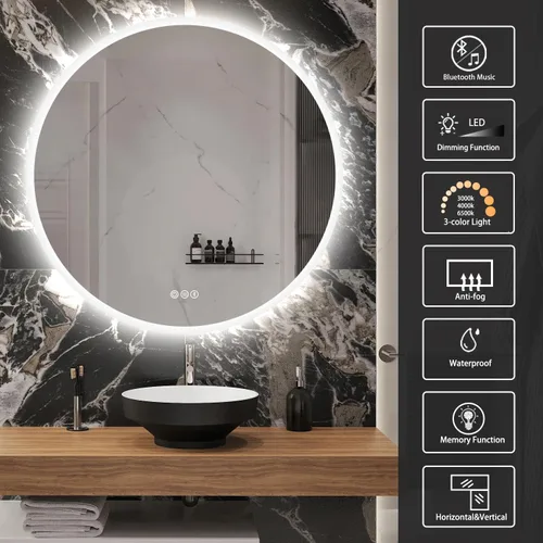 Vista 4 de S·BAGNO - Espejo de baño redondo de 32 luces con marco acrílico, espejo de baño LED de tocador montado en la pared, atenuación, cambio