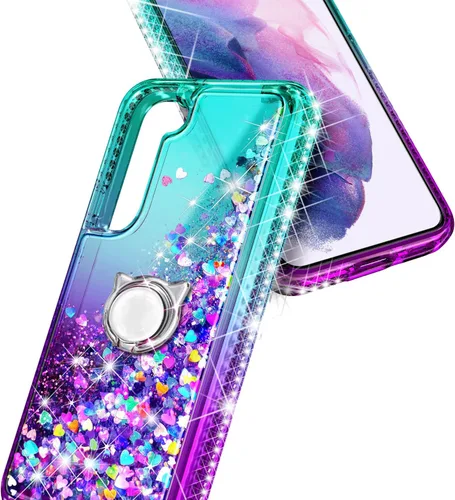 Vista 6 de NZND Funda diseñada para Samsung Galaxy S21 FE 5G con protector de pantalla de vidrio templado, soporte para anillo/correa de muñeca, líquido que