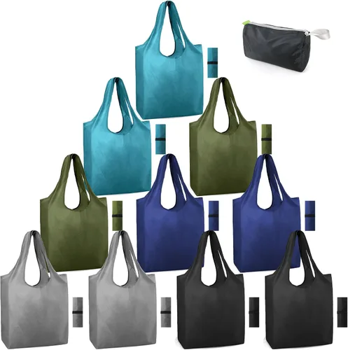 Vista 12 de BeeGreen Bolsas de comestibles reutilizables de Navidad con bolsa de almacenamiento con cremallera, paquete de 10 bolsas de compras reutilizables a