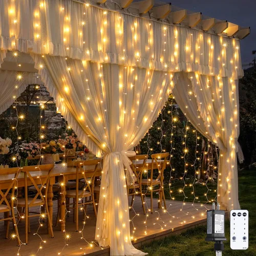 Vista 15 de JMEXSUSS 200 luces LED de cortina rojas, blancas y azules, 6.5 pies x 6.5 pies, 4 de julio, luces USB enchufables, 8 modos patrióticos de cortina