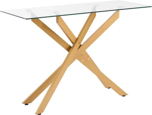Vista 9 de VEVOR Mesa de comedor de cristal, moderna mesa de entrada rectangular con parte superior de vidrio templado y patas cruzadas de hierro, escritorio