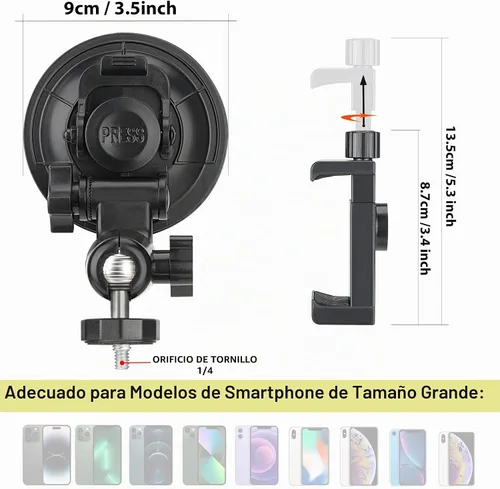 Vista 4 de Ventosa resistente de Φ90mm + cámara de acción ajustable de doble cabeza de bola para salpicadero, montaje en coche, soporte para ventana