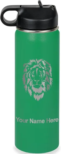 Vista 36 de LaserGram Botella de agua personalizada, cabeza de león, acero inoxidable de doble pared aislada al vacío con popote superior, regalo grabado