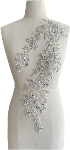 Vista 22 de Parches de lentejuelas brillantes de acrílico hechos a mano en encaje, con cuentas y piedras, para coser, accesorios para vestido de novia (negro)