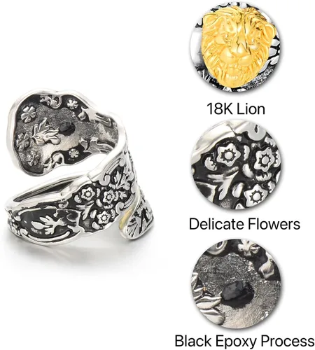 Vista 6 de Spoon Ring for Women Mushroom Moon Lion Bee Handmade Statement Wraparound Adjustable Size Thumb Fashion Bug Jewelry