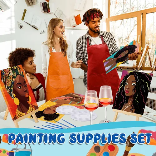 Vista 4 de Xtinmee Juego de 12 juegos de pintura y sorbo para adultos, lienzo predibujado, juego de pintura de lienzo para niñas afro predibujadas, kit