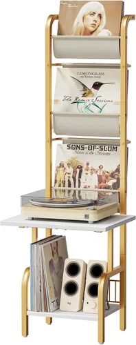 Vista 13 de Soporte para tocadiscos con almacenamiento de vinilos para hasta 200 álbumes, soporte para tocadiscos con estante de exhibición para discos Negro