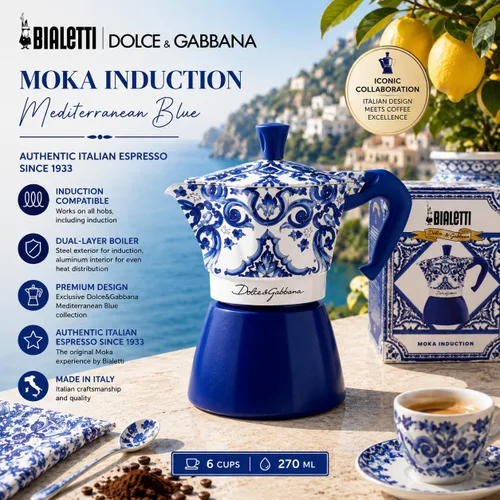 Vista 2 de Bialetti Dolce & Gabbana Mocinduction Blue Mediterraneo 6 tazas de inducción y fuego abierto (máquina de café, café expreso)