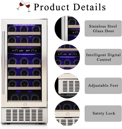 Vista 8 de COWSAR Refrigerador de vino de 28 botellas, refrigerador comercial de bebidas de doble zona, temperatura independiente, LED, enfriador de vino