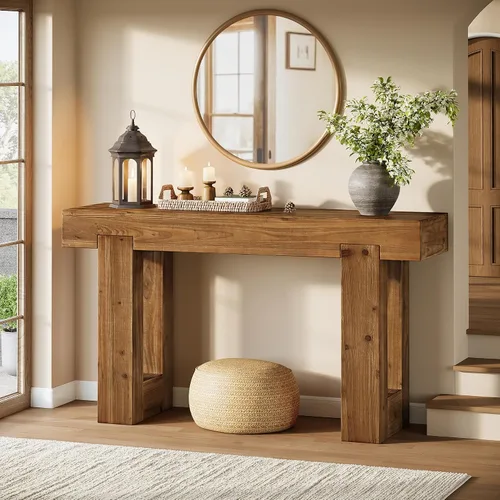 Vista 5 de Mesa consola de madera maciza, mesa de sofá de granja de 55 pulgadas detrás del sofá, consola rectangular con doble base para entrada, pasillo, sala
