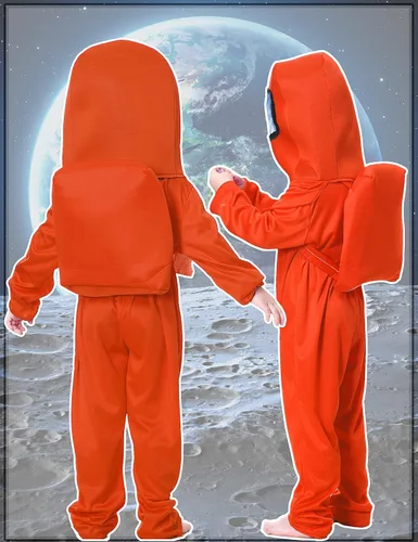 Vista 4 de Noucher Disfraz de astronauta para niños, traje espacial rojo y azul, mochila de Halloween, disfraces de cosplay para niños de 3 a 10 años