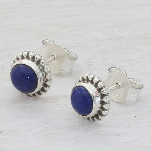 Vista 2 de NOVICA Lapislázuli - Pendientes redondos de plata de ley 925, diseño de globo azul