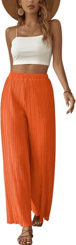 Vista 5 de SweatyRocks Pantalones plisados con cintura elástica bohemia para mujer, pantalones palazzo de pierna ancha, pantalones sueltos
