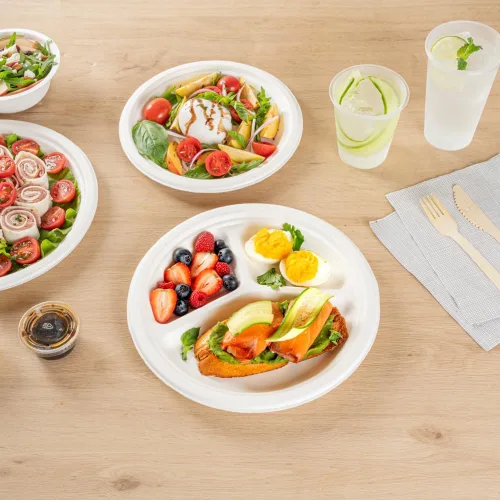Vista 7 de Restaurantware Platos redondos sin PFAS añadidos de 10.3 x 1 pulgada, 100 platos desechables, sostenibles, 3 compartimentos, platos de bagazo