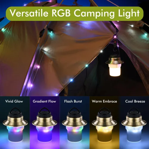 Vista 2 de Luces LED recargables y linterna, lámpara impermeable con 5 modos de luces RGB, luz de tienda de campaña de brillo ajustable, linterna al aire libre