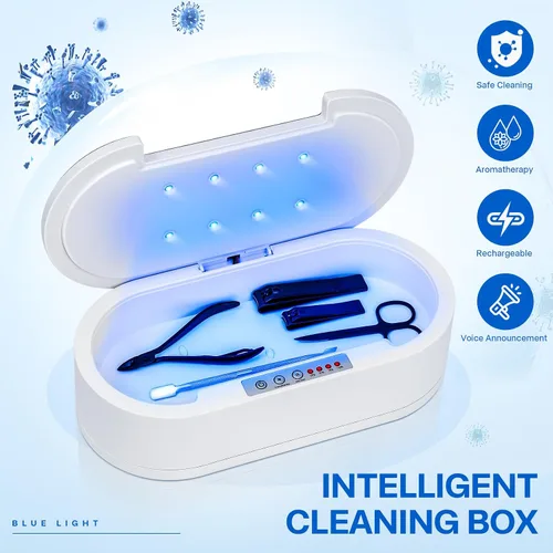 Vista 2 de Caja de limpieza de uñas, con carga USB portátil de luz azul Efficient Health Protection For Manicure Beauty Barber Salon Tools, Jewelry, Glasses