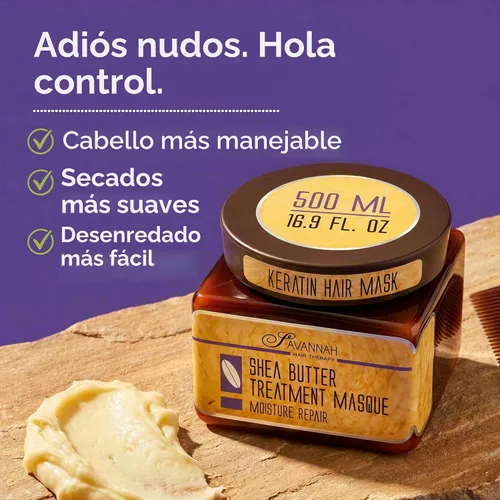 Vista 6 de Savannah - Máscara de tratamiento de cabello para cabello seco y dañado y crecimiento con manteca de karité, 16.9 oz, sin sulfatos y queratina