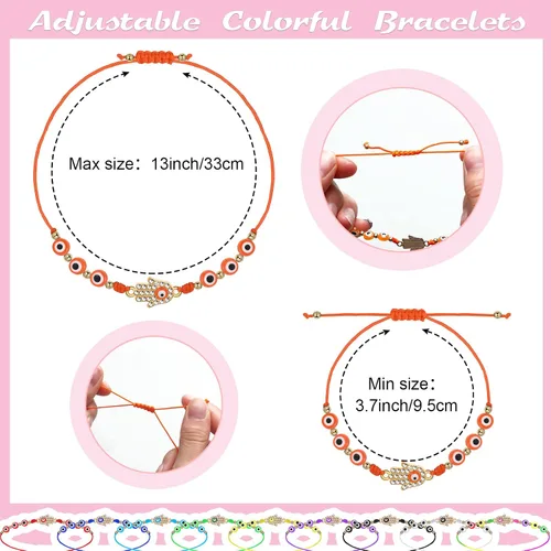 Vista 4 de WILLBOND 60 pulseras de ojo malvado pulseras mexicanas con nudo de cuerda pulseras de cuentas ajustables pulseras de eslabones de la suerte